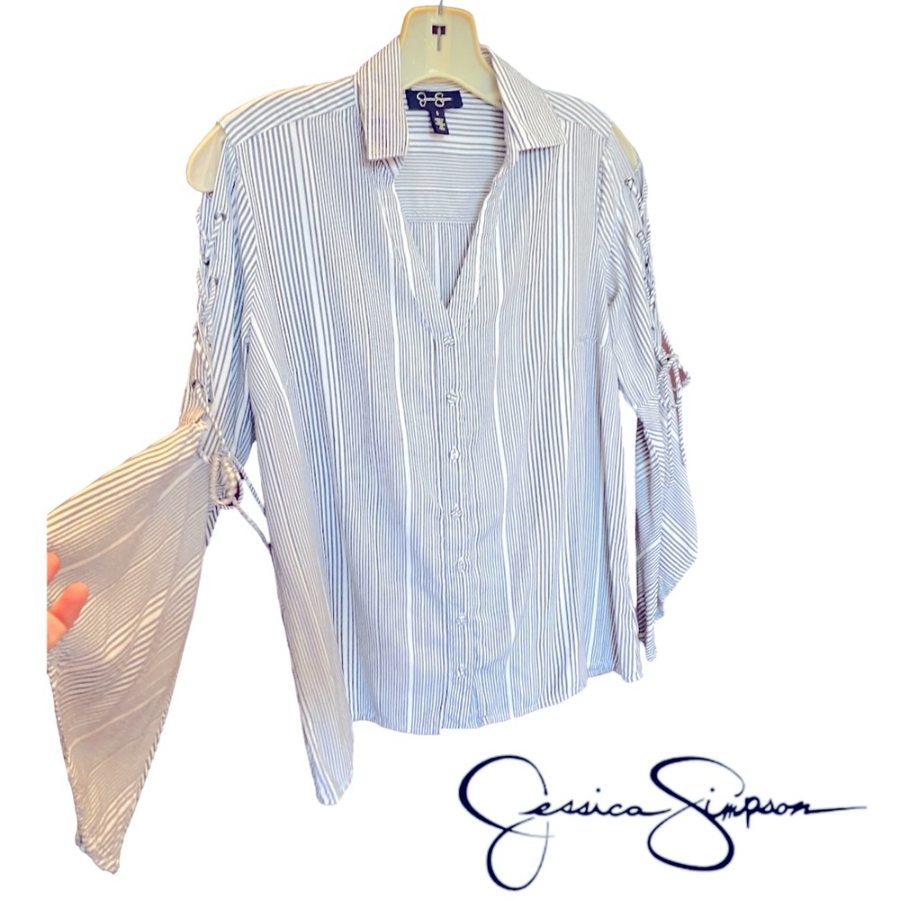 Jessica Simpson Pin Stripe V-Neck Button Down Tie Up Bell Sleeve Size S